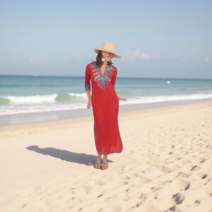 NWT Gretchen Scott “The Reef” Embroidered Caftan Dress Coral/Turq Size S